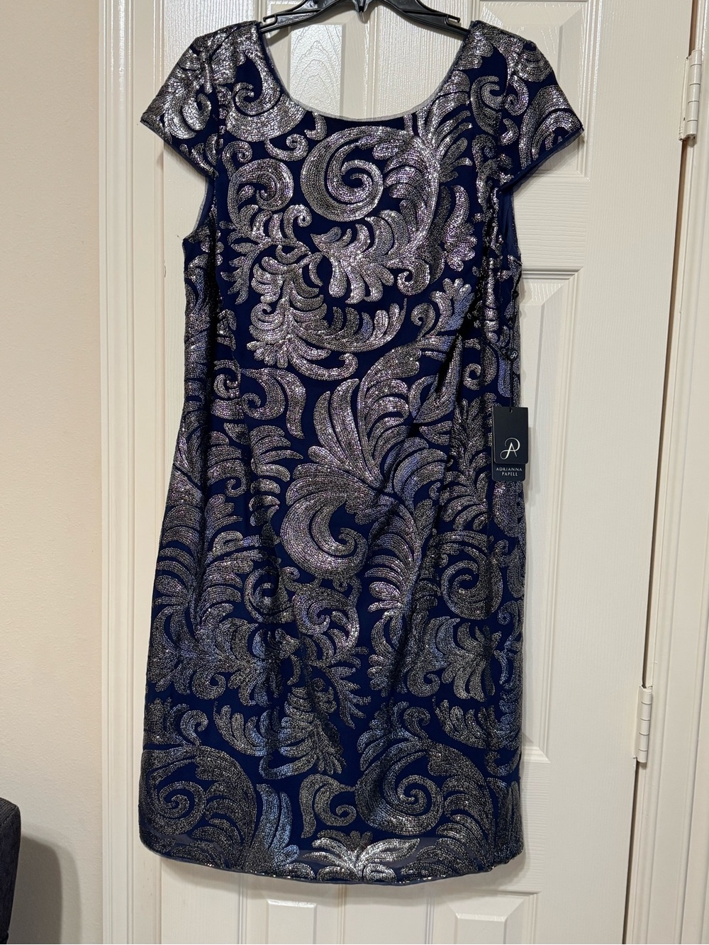 Adrianna Papell Navy & Silver Metallic Brocade Midi Dress